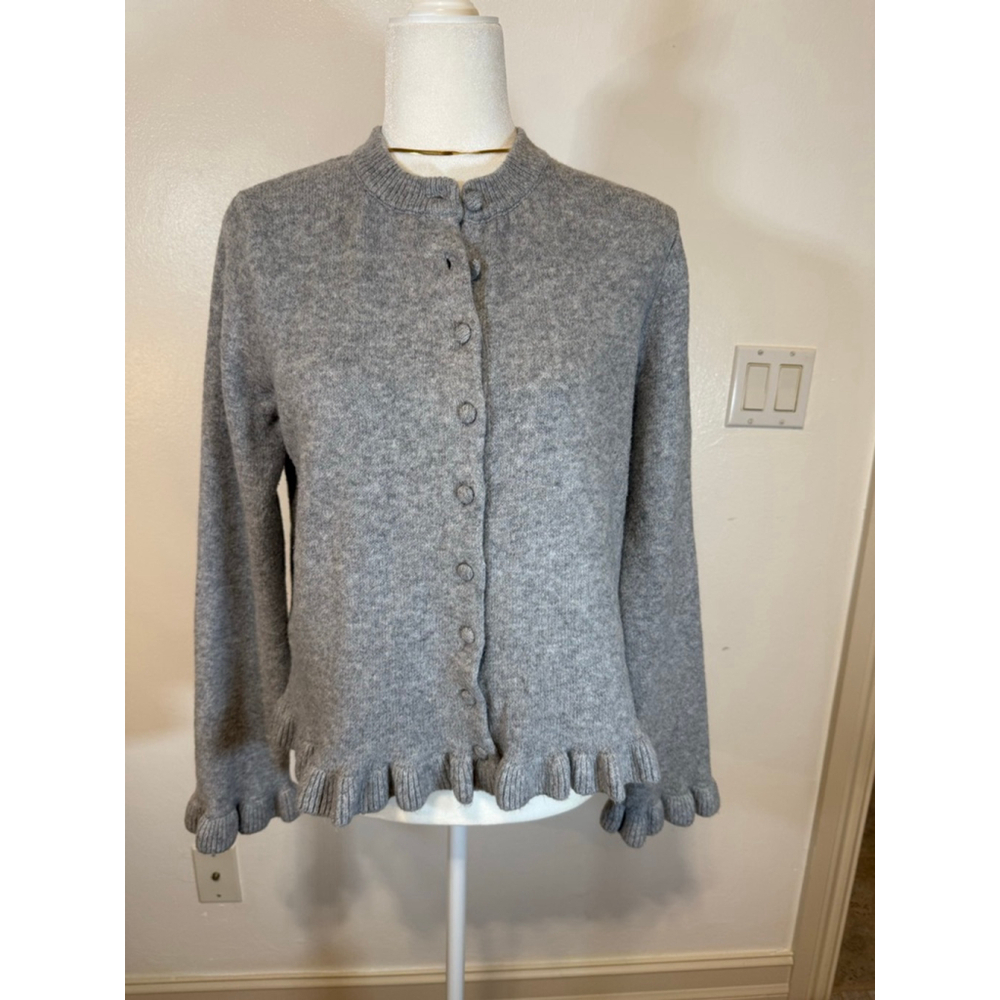 Women's MNG Gray Ruffle Hem Cardigan Sweater XL covered buttons boucle